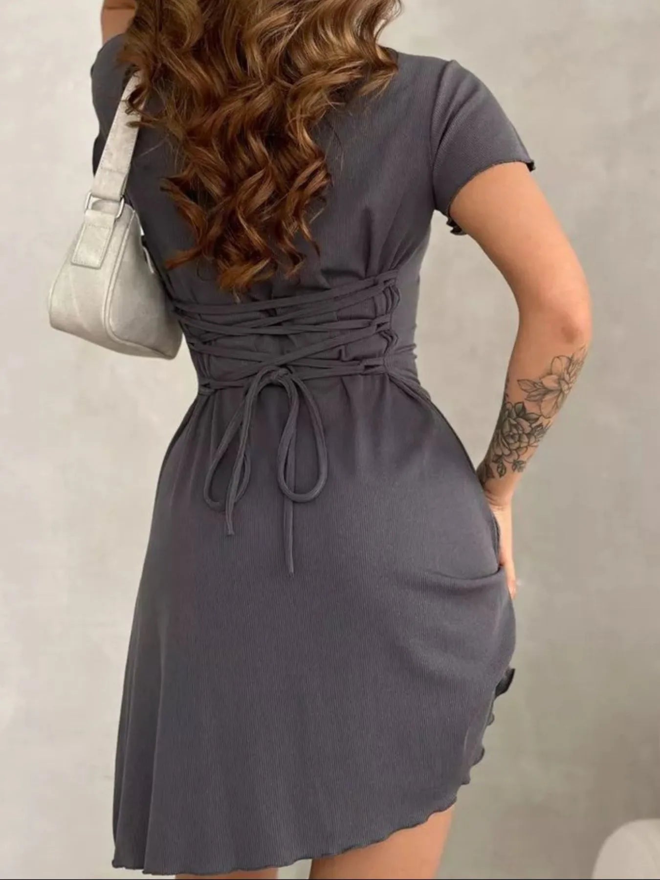 Ribbed Back Lace Up Short Sleeve Mini Dress - adritiX