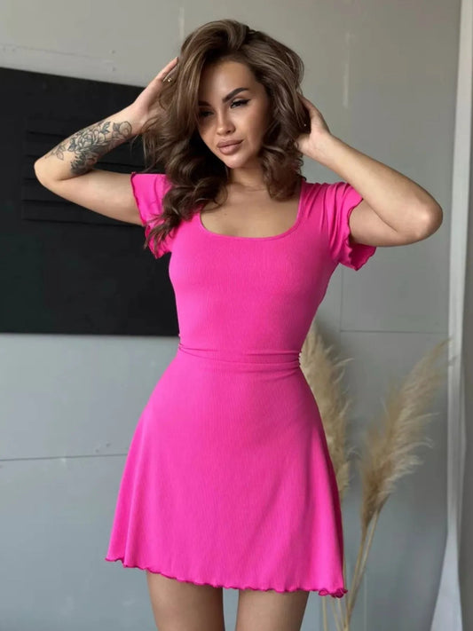 Ribbed Back Lace Up Short Sleeve Mini Dress - adritiX