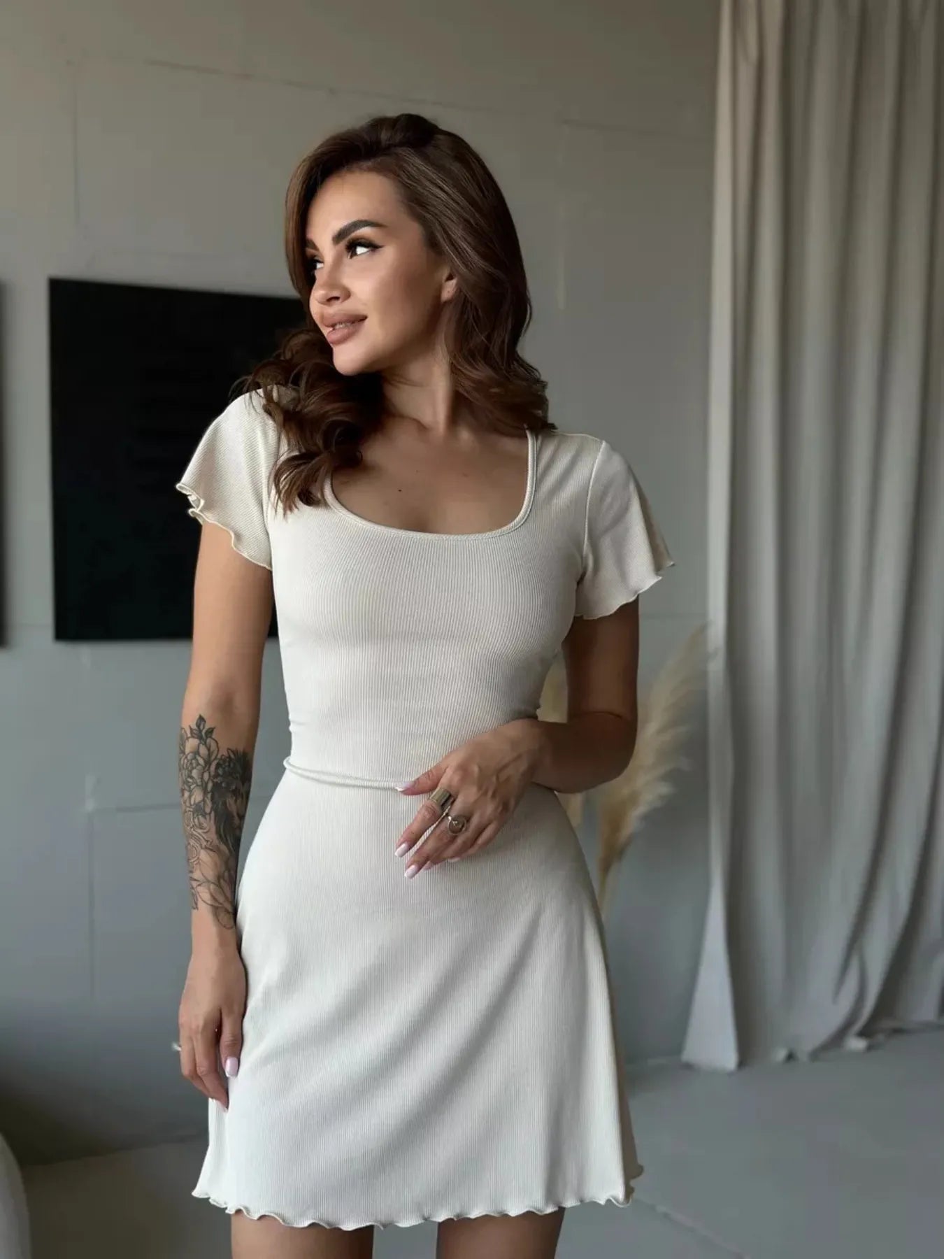 Ribbed Back Lace Up Short Sleeve Mini Dress - adritiX
