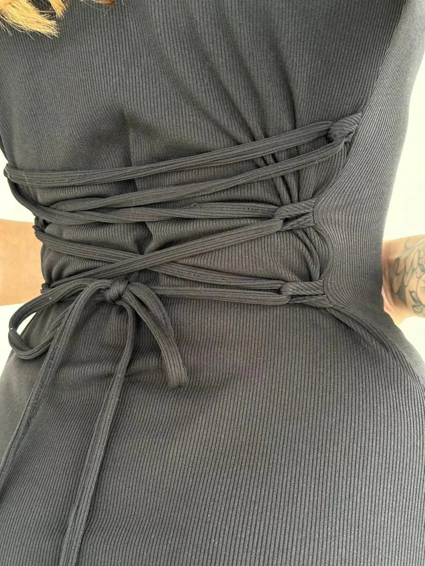 Ribbed Back Lace Up Short Sleeve Mini Dress - adritiX