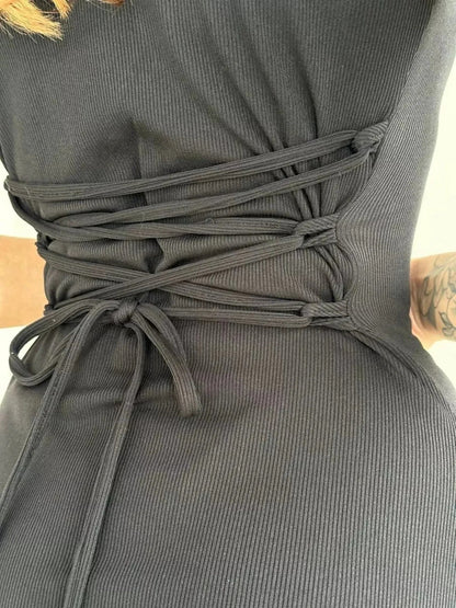 Ribbed Back Lace Up Short Sleeve Mini Dress - adritiX