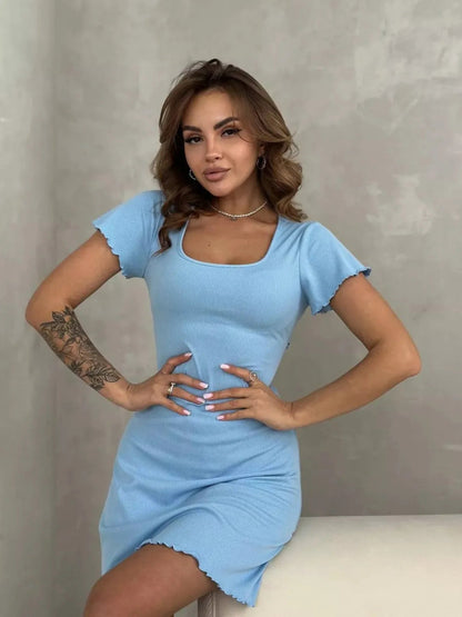 Ribbed Back Lace Up Short Sleeve Mini Dress - adritiX