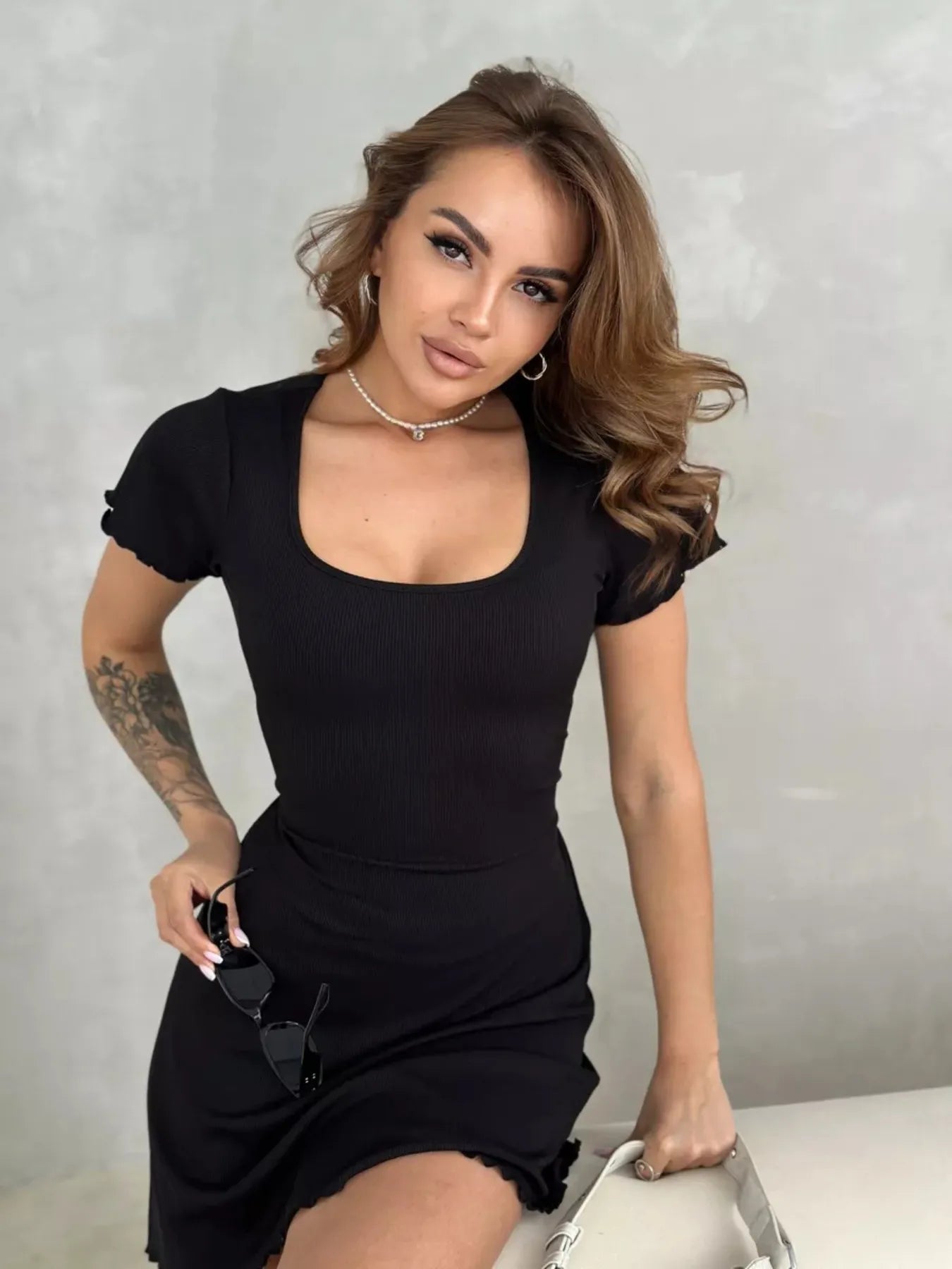 Ribbed Back Lace Up Short Sleeve Mini Dress - adritiX