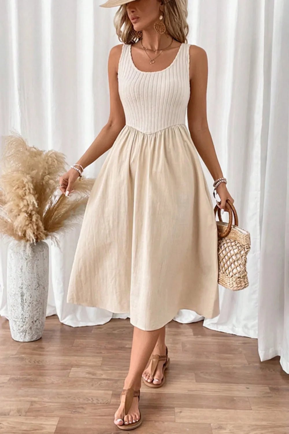 Ribbed Bodice Sleeveless Midi Dress - adritiX