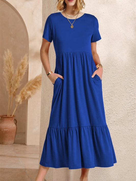 Round Neck Short Sleeve Dress with Pockets - adritiX