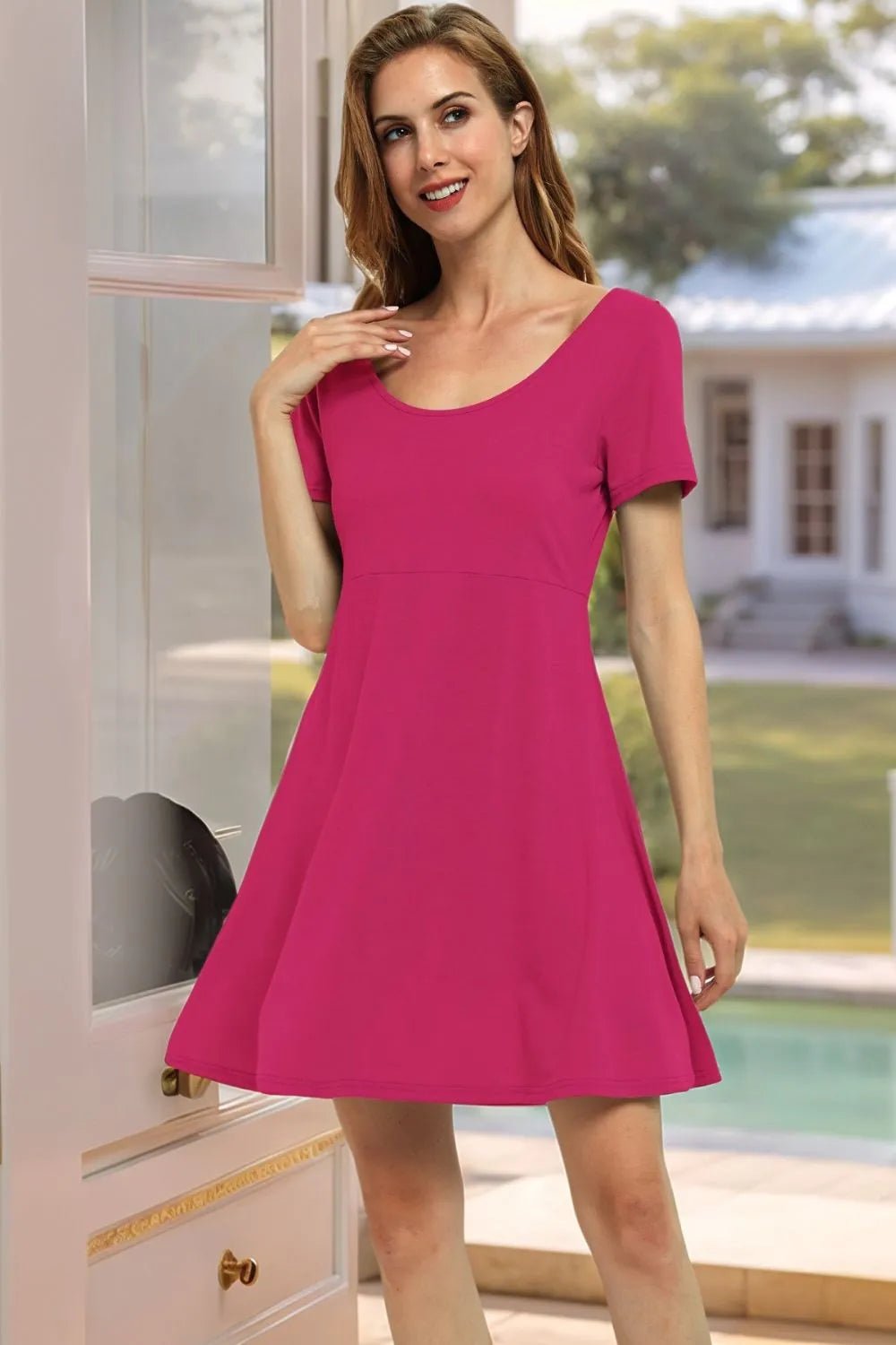 Round Neck Short Sleeve Flared Summer Dress - adritiX
