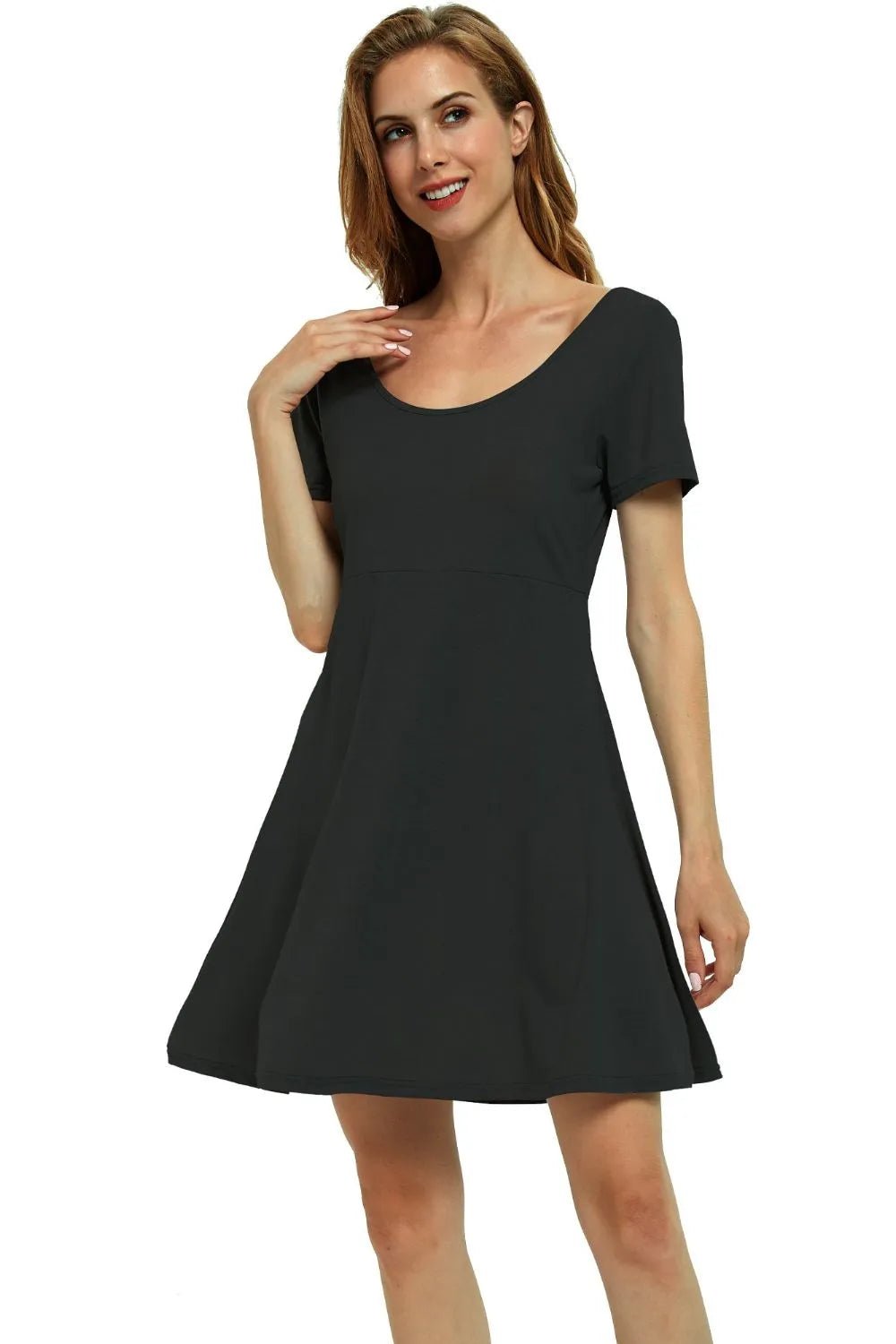 Round Neck Short Sleeve Flared Summer Dress - adritiX