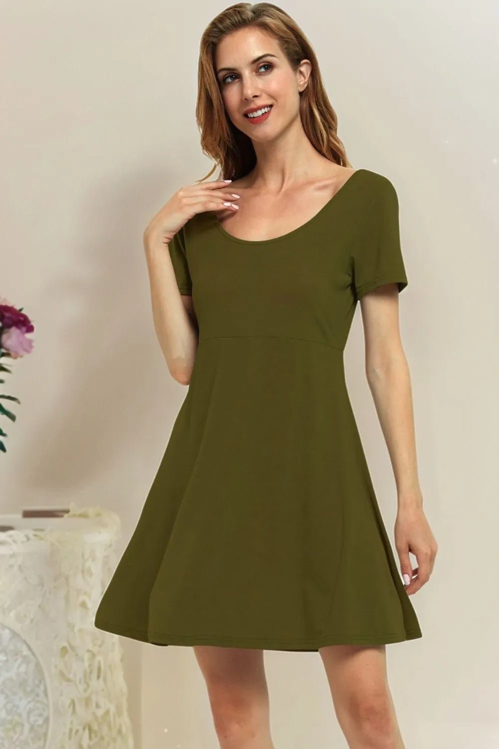 Round Neck Short Sleeve Flared Summer Dress - adritiX