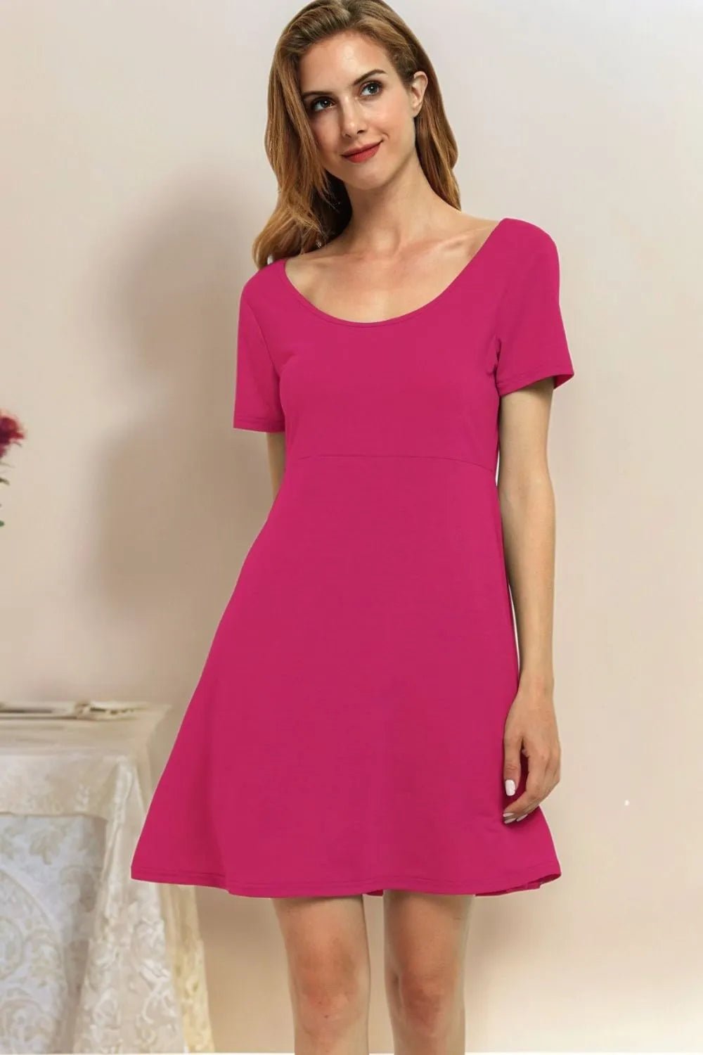 Round Neck Short Sleeve Flared Summer Dress - adritiX