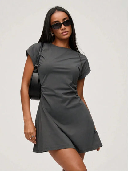 Round Neck Short Sleeve Mini Tee Dress - adritiX