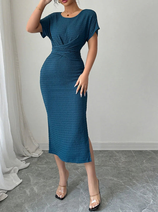 Ruched Waist Textured Midi Dress - adritiX
