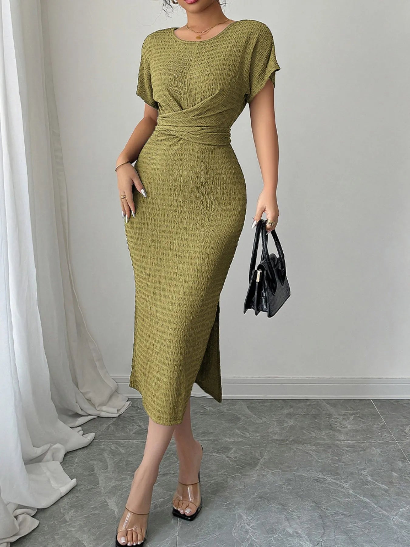 Ruched Waist Textured Midi Dress - adritiX