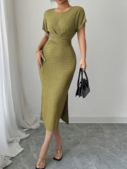 Ruched Waist Textured Midi Dress - adritiX
