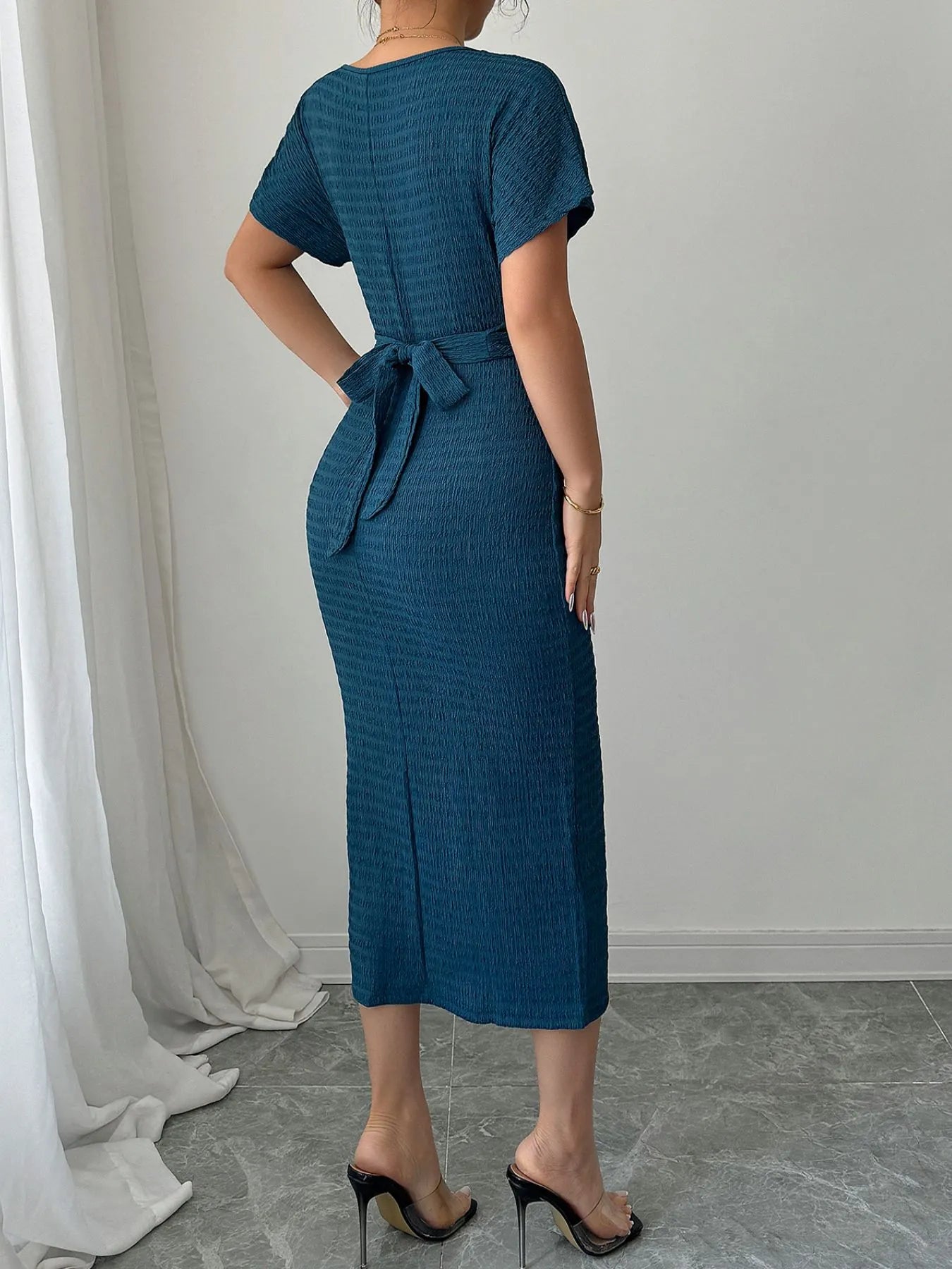 Ruched Waist Textured Midi Dress - adritiX