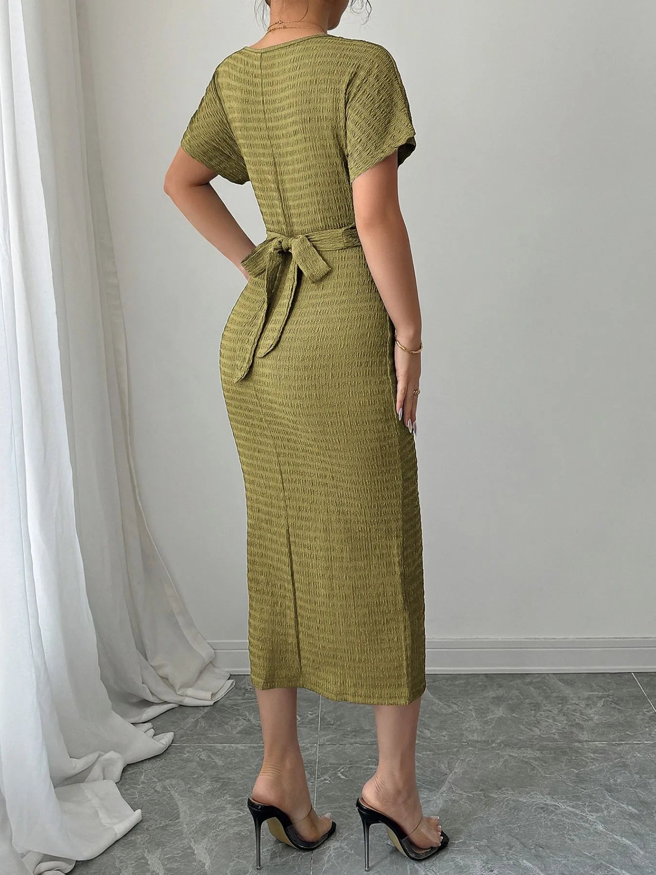 Ruched Waist Textured Midi Dress - adritiX