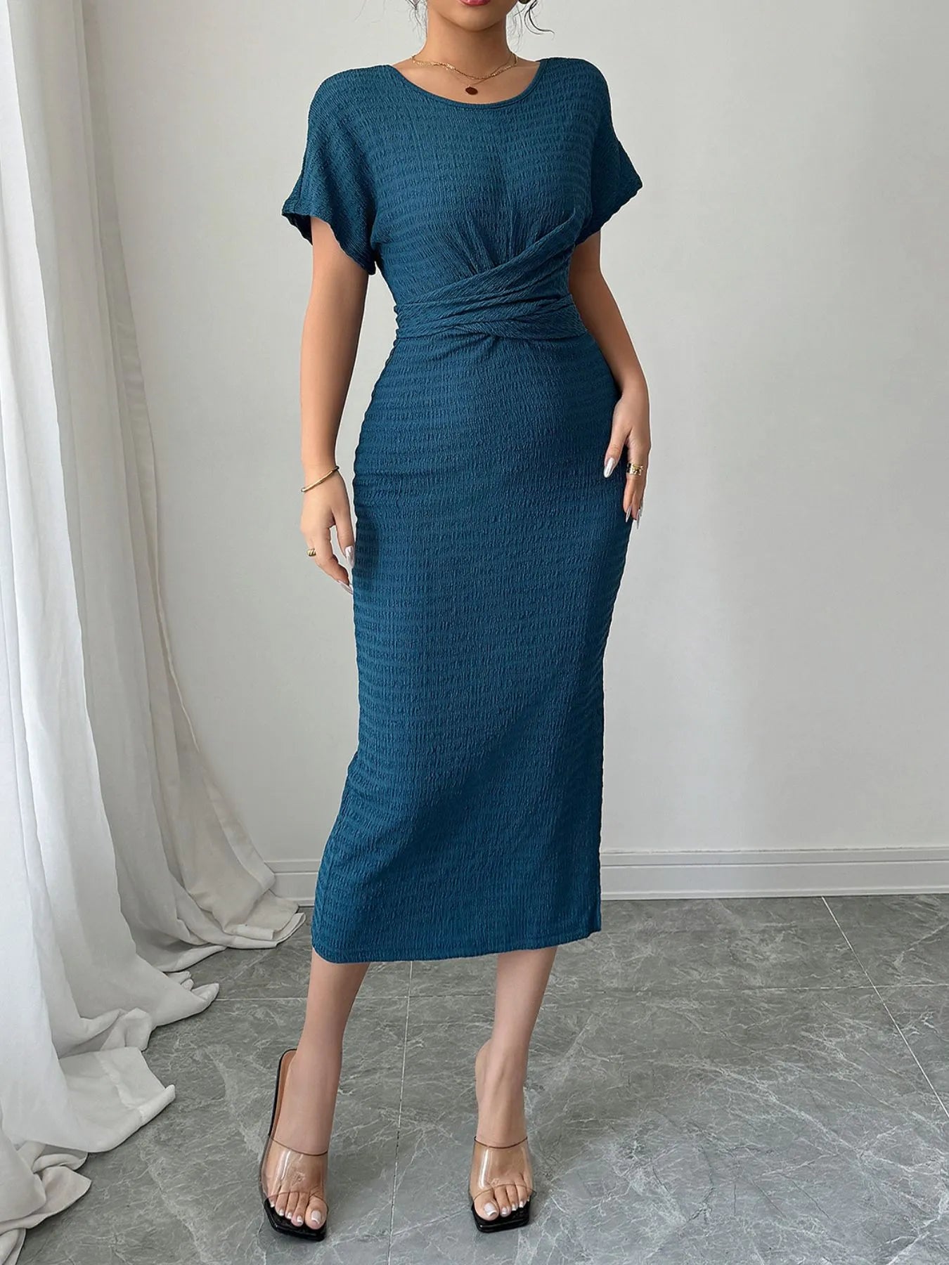 Ruched Waist Textured Midi Dress - adritiX