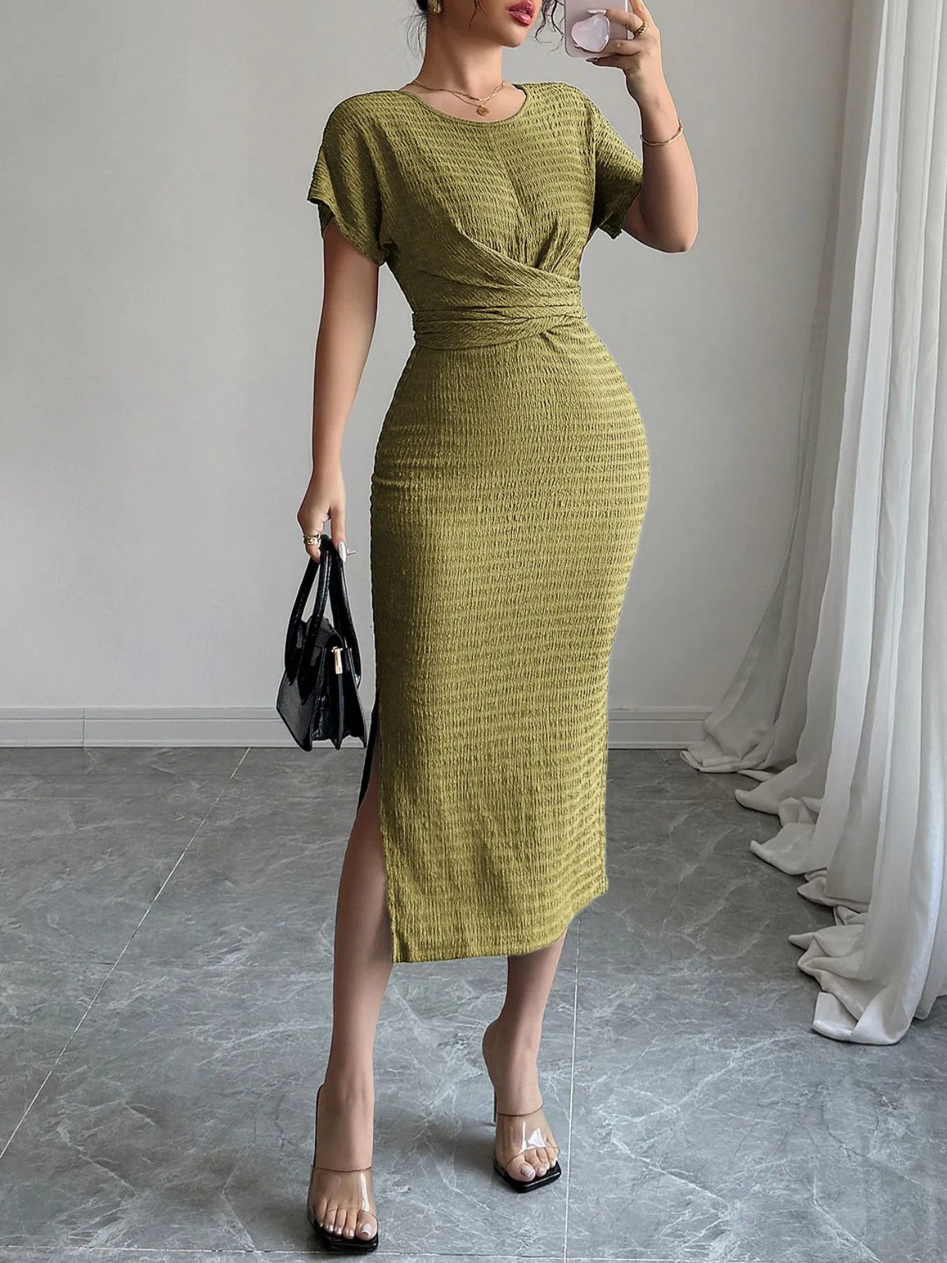 Ruched Waist Textured Midi Dress - adritiX
