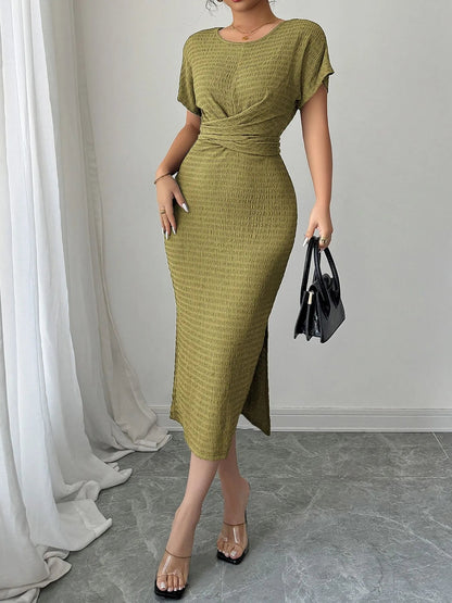 Ruched Waist Textured Midi Dress - adritiX