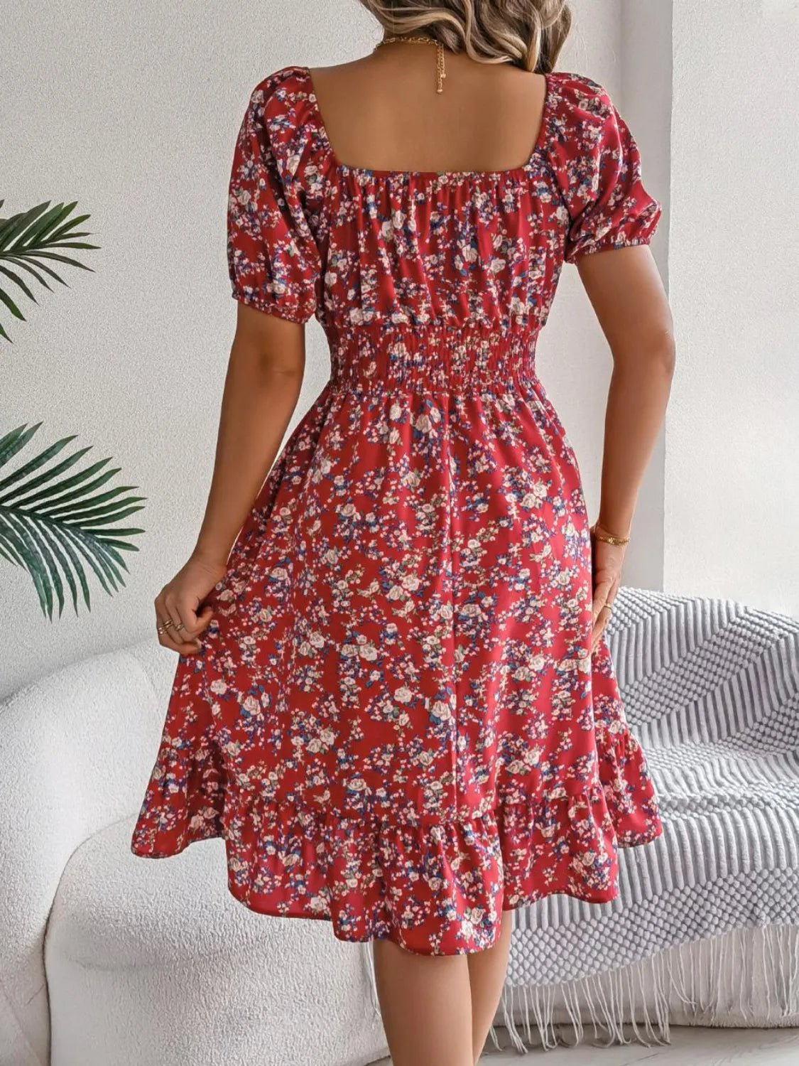 Ruffled Hem Floral Puff Sleeve Dress - adritiX
