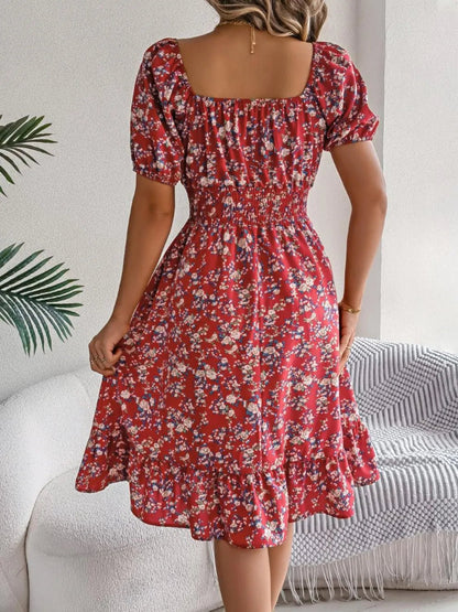 Ruffled Hem Floral Puff Sleeve Dress - adritiX