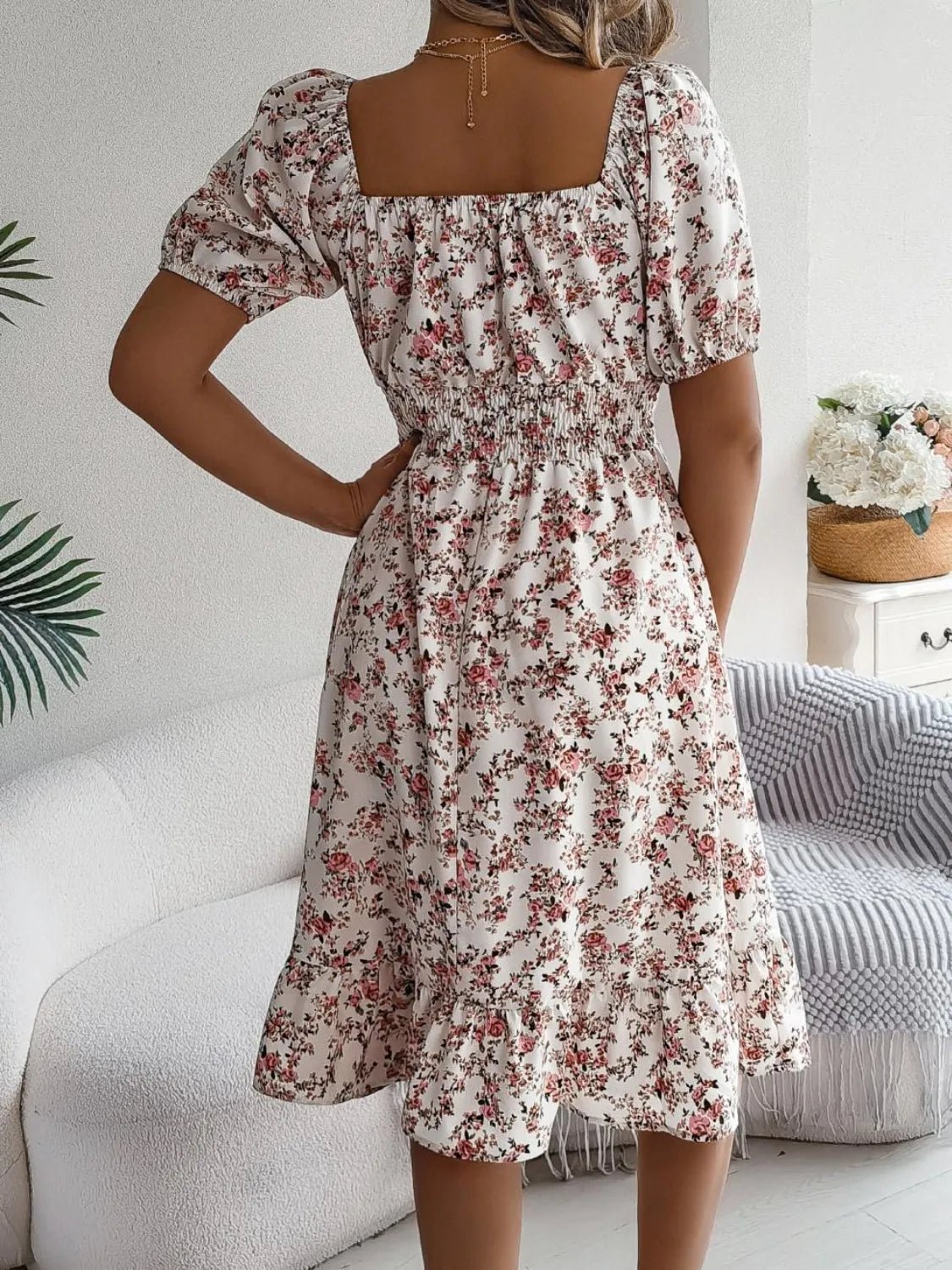 Ruffled Hem Floral Puff Sleeve Dress - adritiX