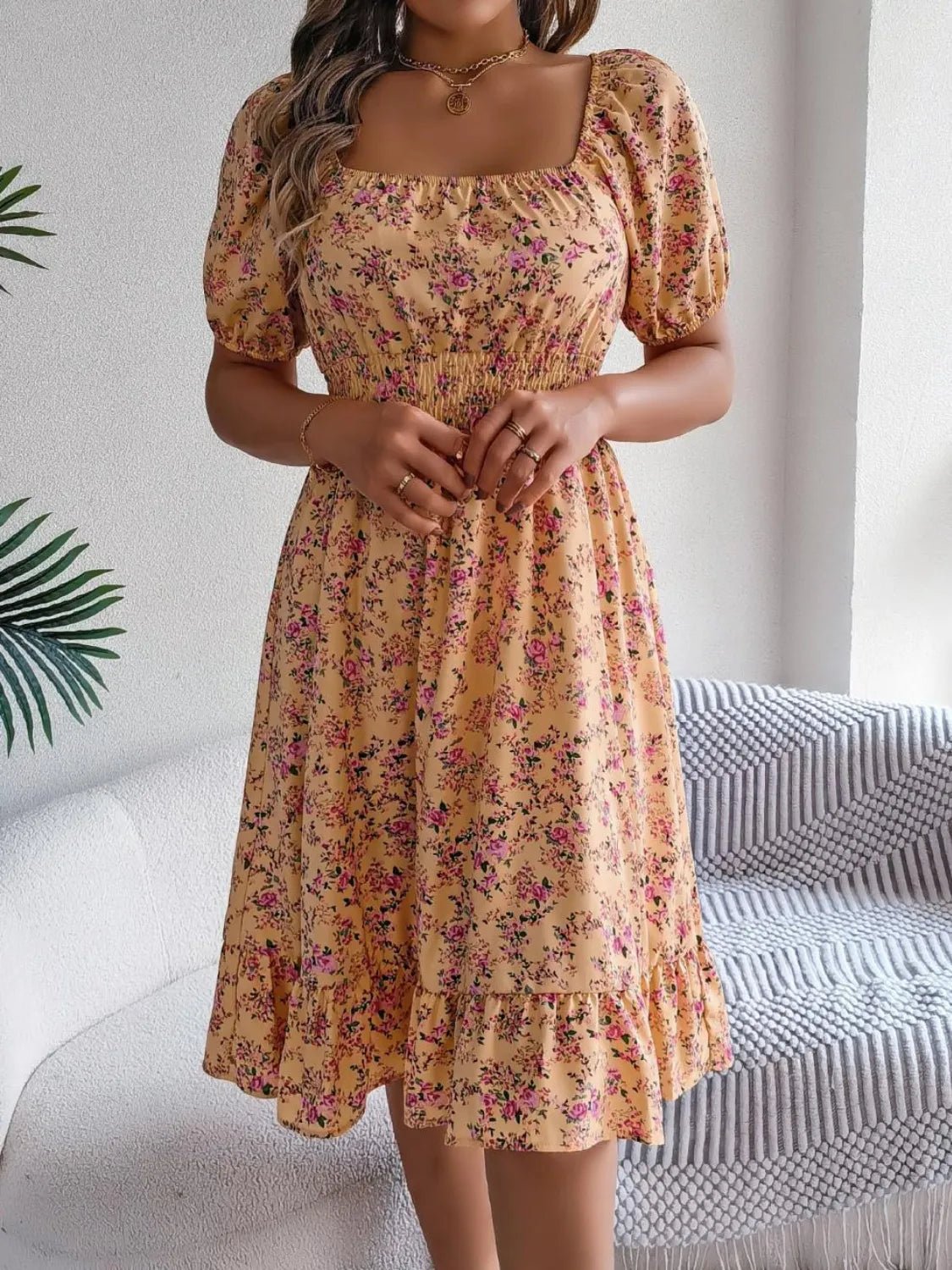 Ruffled Hem Floral Puff Sleeve Dress - adritiX