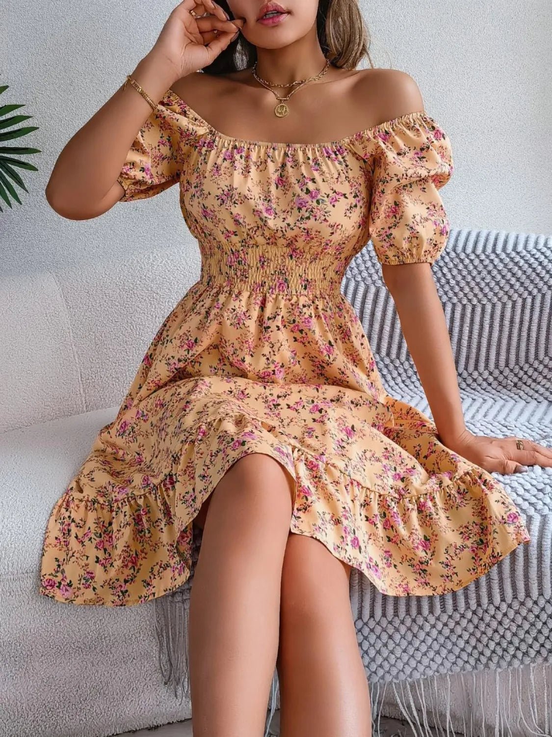 Ruffled Hem Floral Puff Sleeve Dress - adritiX