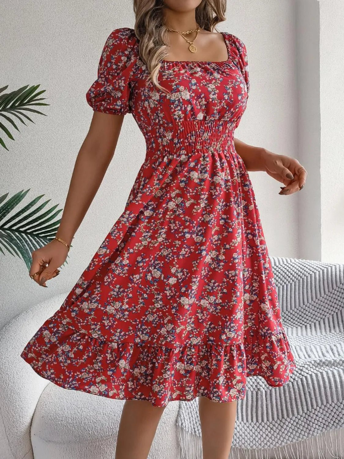 Ruffled Hem Floral Puff Sleeve Dress - adritiX