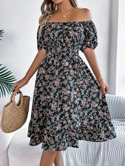 Ruffled Hem Floral Puff Sleeve Dress - adritiX