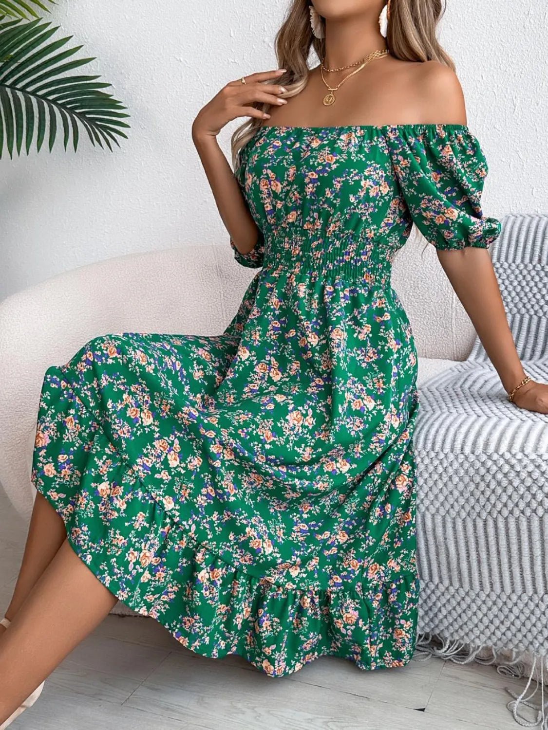 Ruffled Hem Floral Puff Sleeve Dress - adritiX