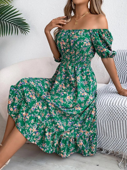 Ruffled Hem Floral Puff Sleeve Dress - adritiX