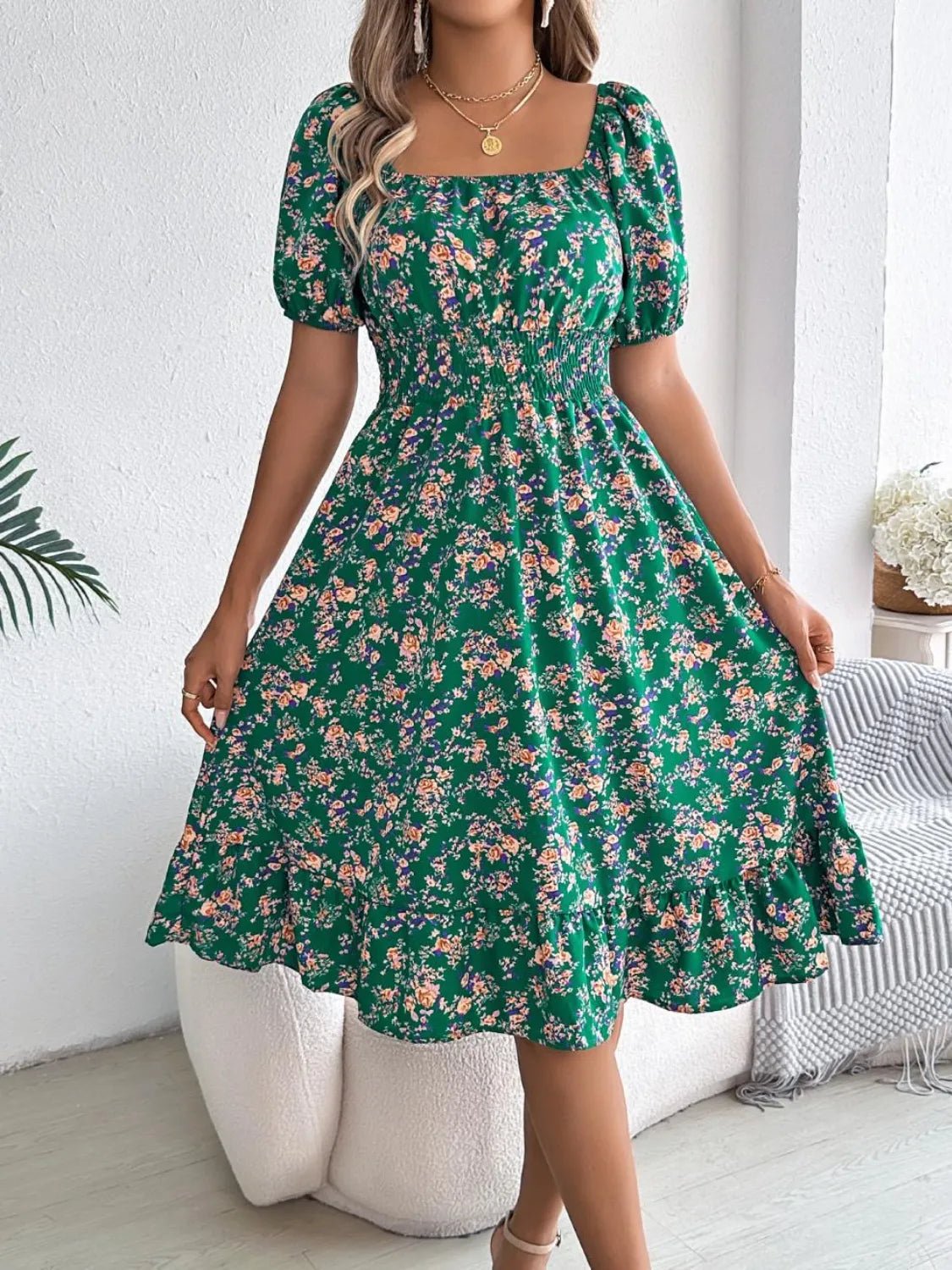 Ruffled Hem Floral Puff Sleeve Dress - adritiX