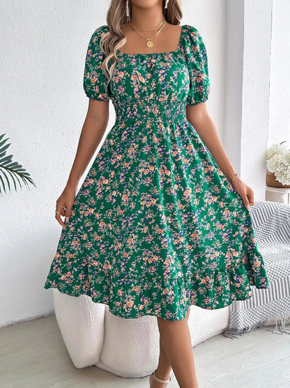 Ruffled Hem Floral Puff Sleeve Dress - adritiX