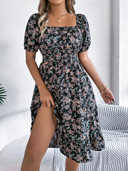 Ruffled Hem Floral Puff Sleeve Dress - adritiX