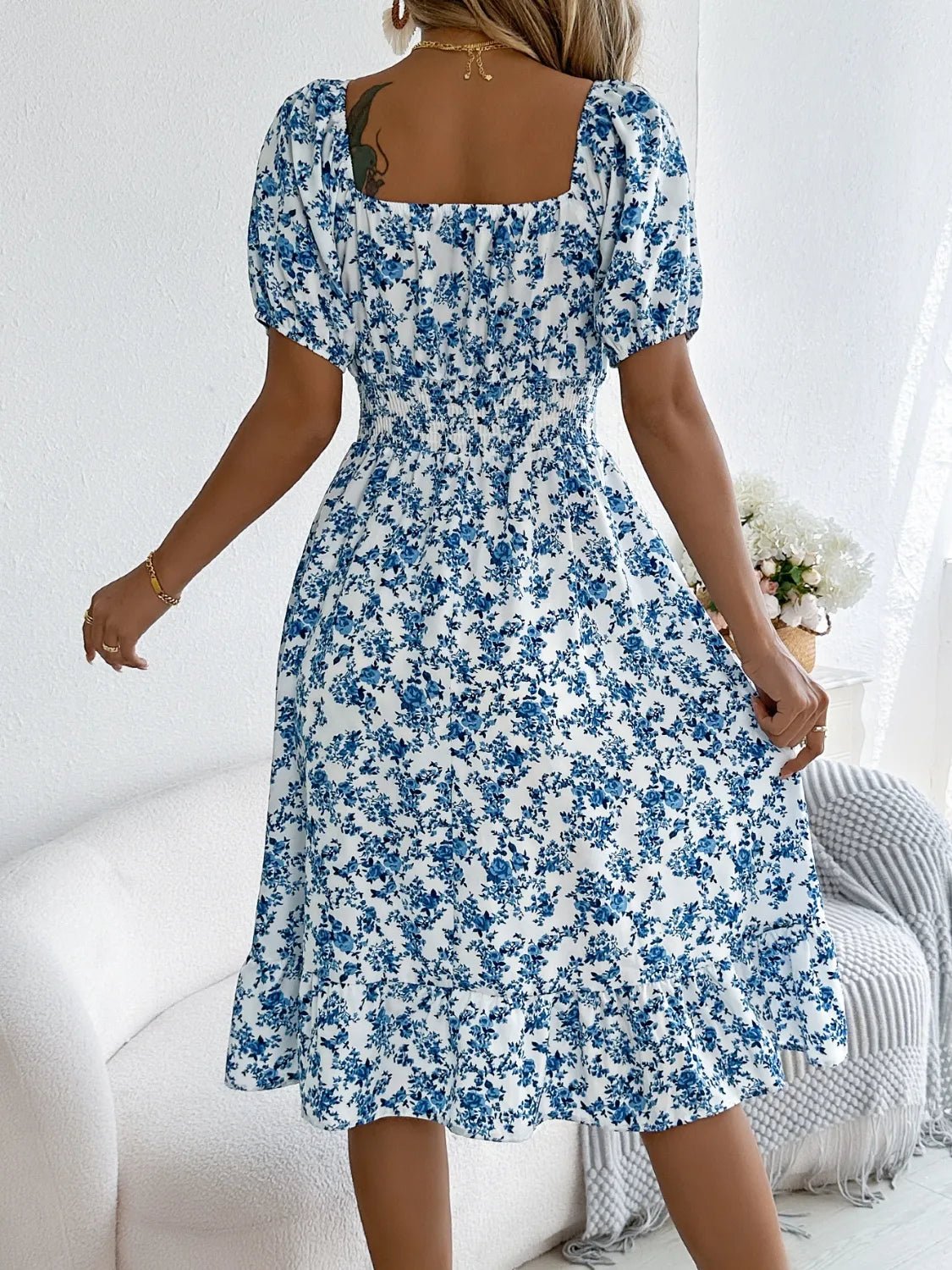 Ruffled Hem Floral Puff Sleeve Dress - adritiX