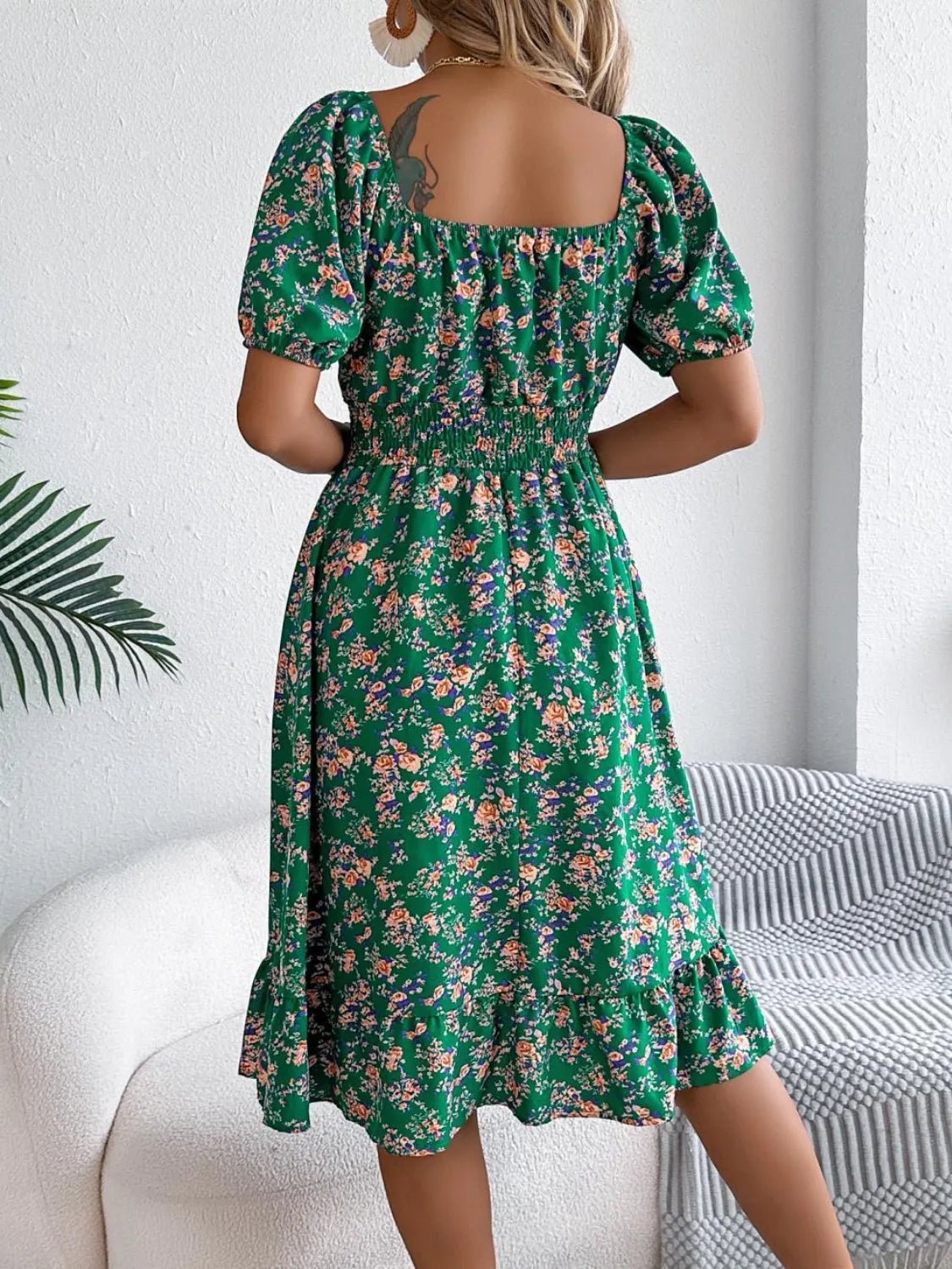Ruffled Hem Floral Puff Sleeve Dress - adritiX