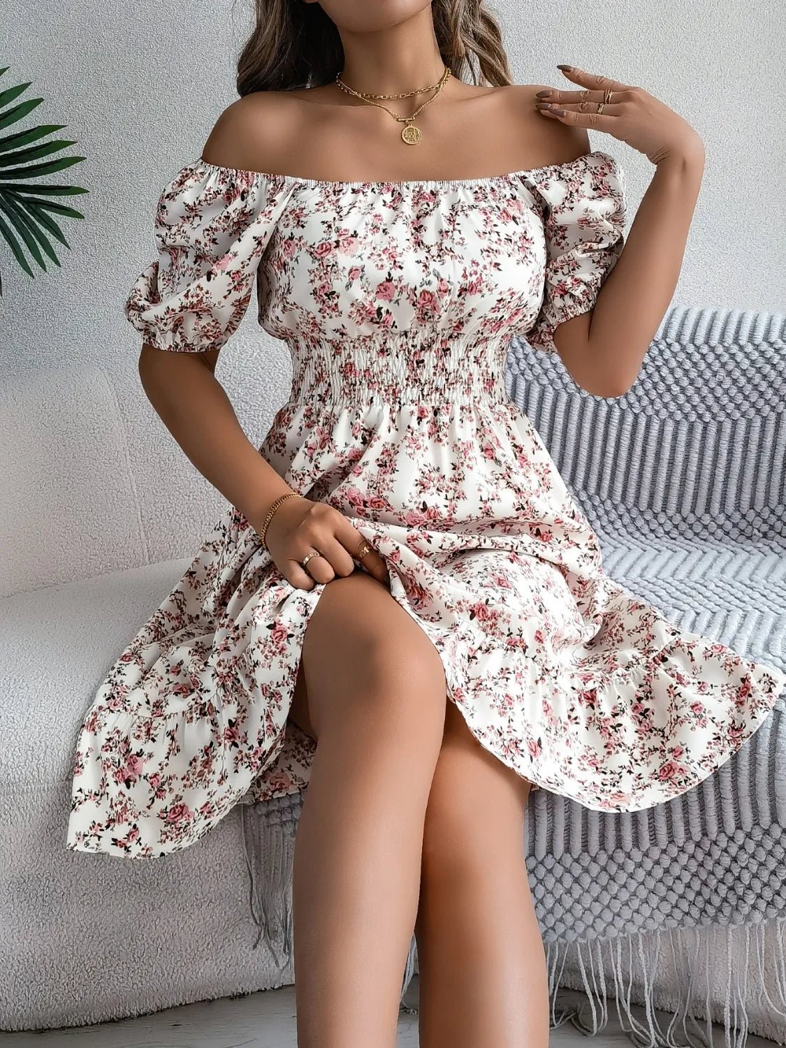 Ruffled Hem Floral Puff Sleeve Dress - adritiX