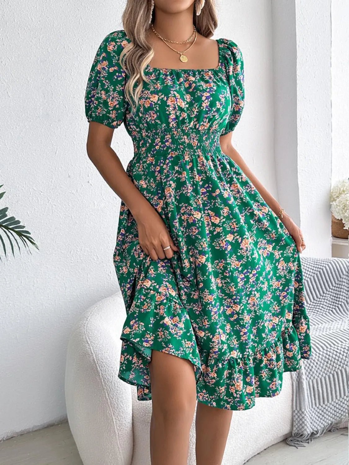 Ruffled Hem Floral Puff Sleeve Dress - adritiX