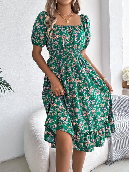 Ruffled Hem Floral Puff Sleeve Dress - adritiX