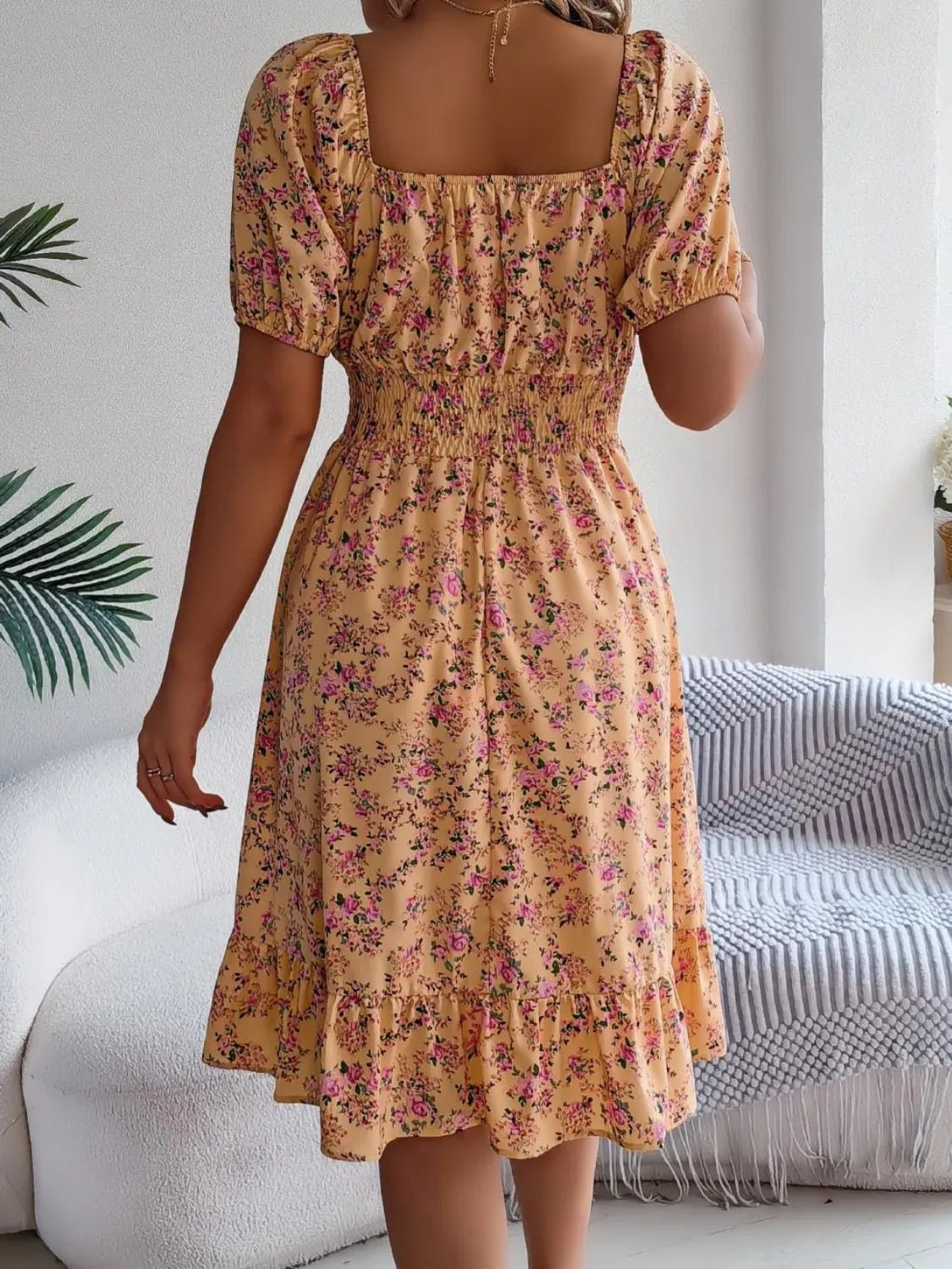 Ruffled Hem Floral Puff Sleeve Dress - adritiX