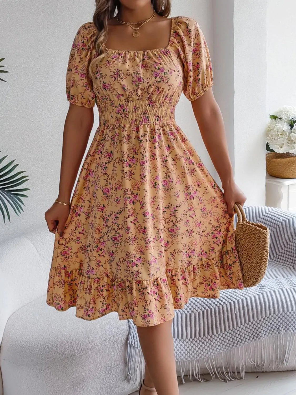Ruffled Hem Floral Puff Sleeve Dress - adritiX