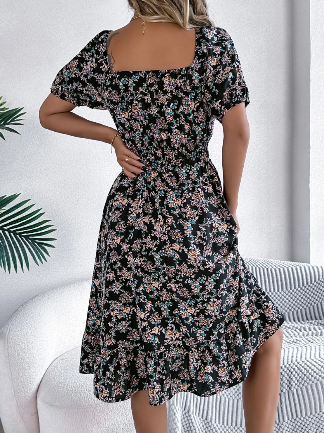 Ruffled Hem Floral Puff Sleeve Dress - adritiX