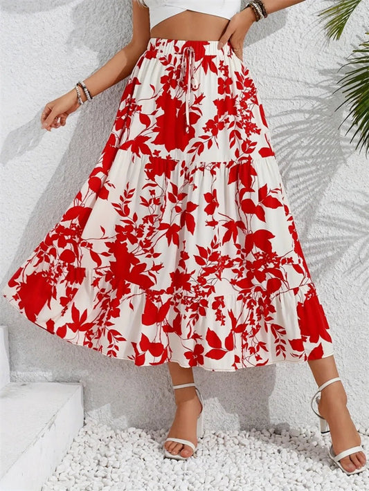 Ruffled Hem Printed Midi Skirt - adritiX