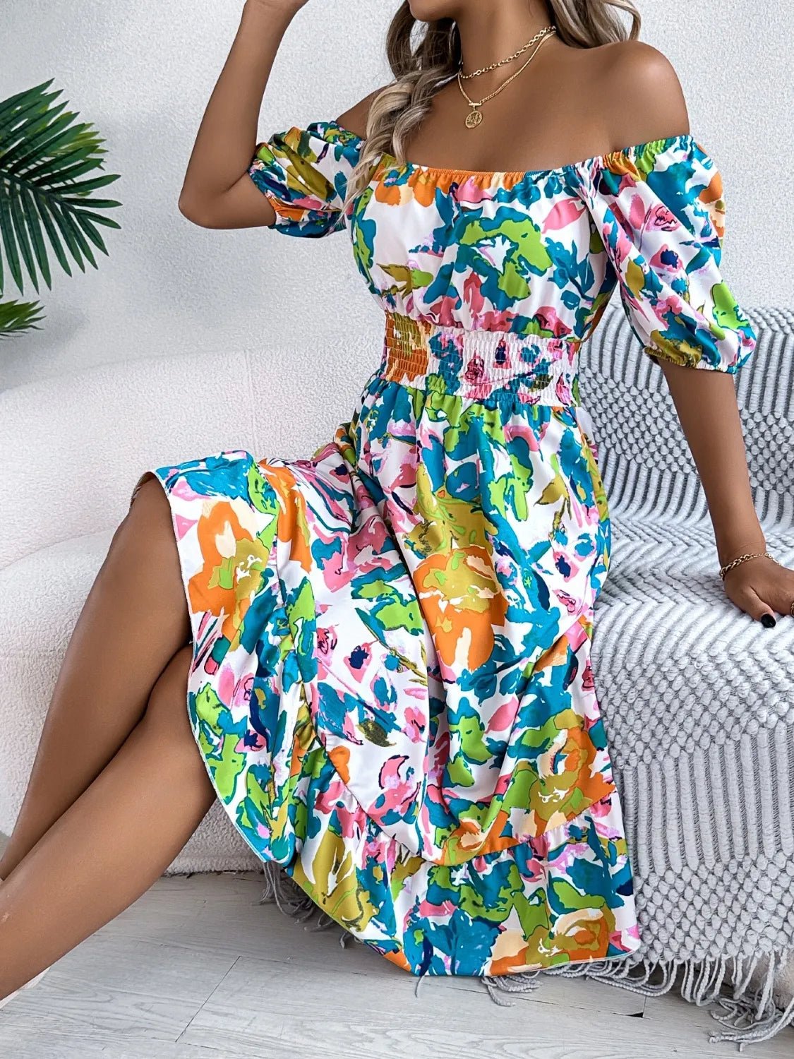 Ruffled Hem Smocked Floral Short Sleeve Midi Dress - adritiX
