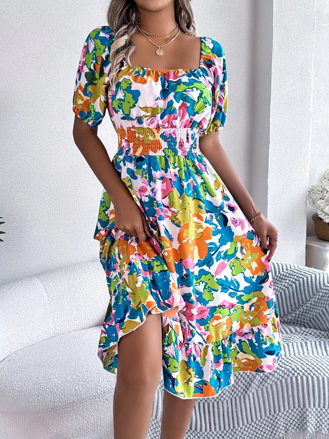 Ruffled Hem Smocked Floral Short Sleeve Midi Dress - adritiX