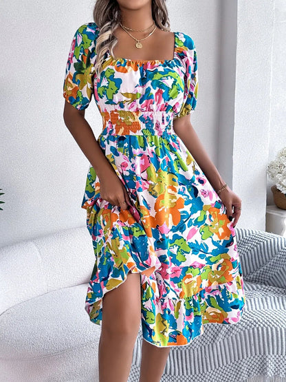 Ruffled Hem Smocked Floral Short Sleeve Midi Dress - adritiX