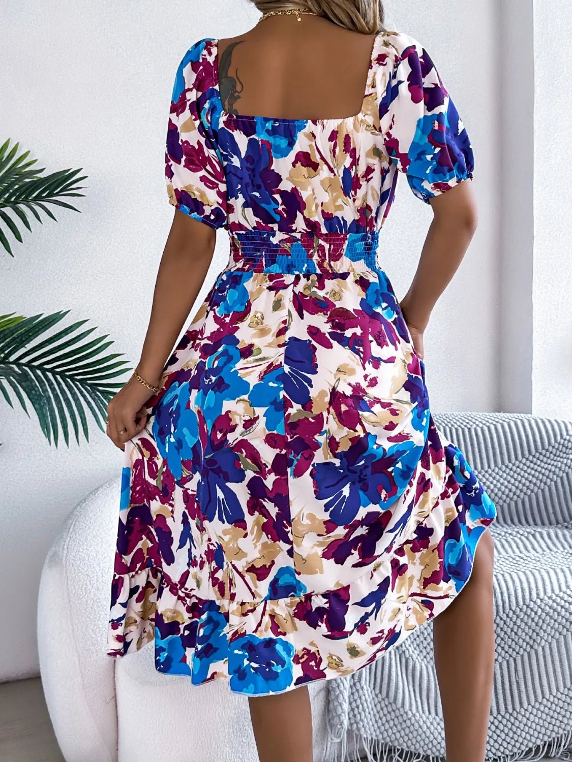 Ruffled Hem Smocked Floral Short Sleeve Midi Dress - adritiX