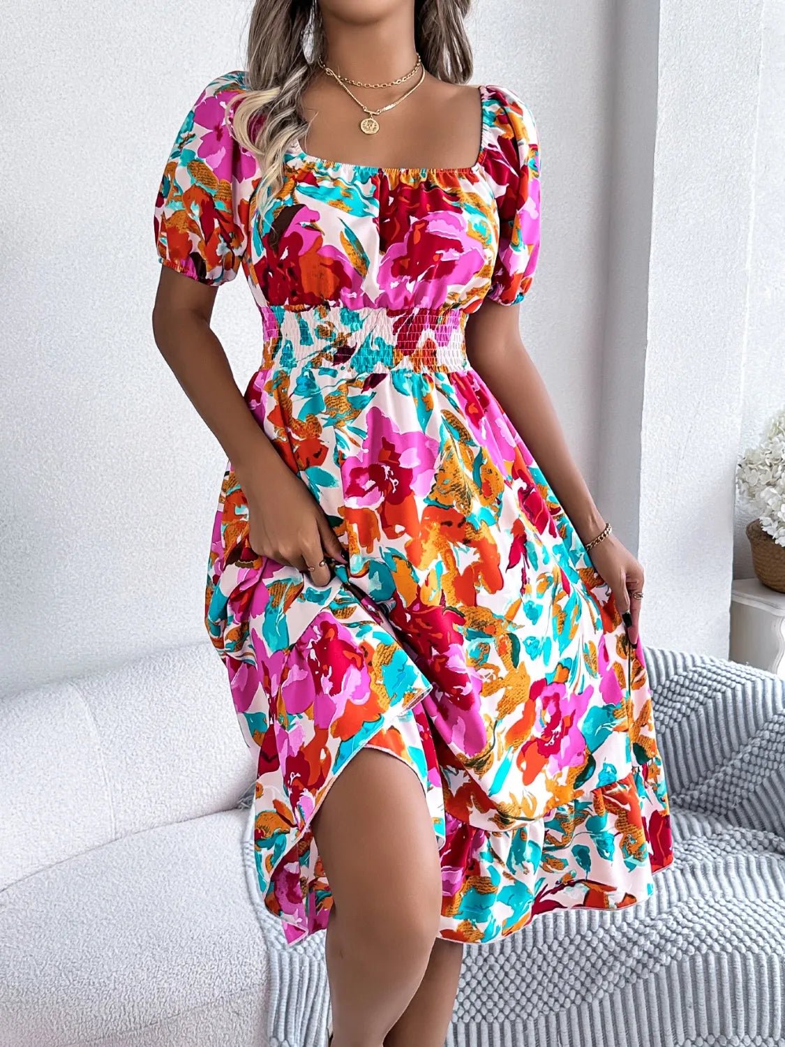 Ruffled Hem Smocked Floral Short Sleeve Midi Dress - adritiX