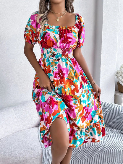 Ruffled Hem Smocked Floral Short Sleeve Midi Dress - adritiX