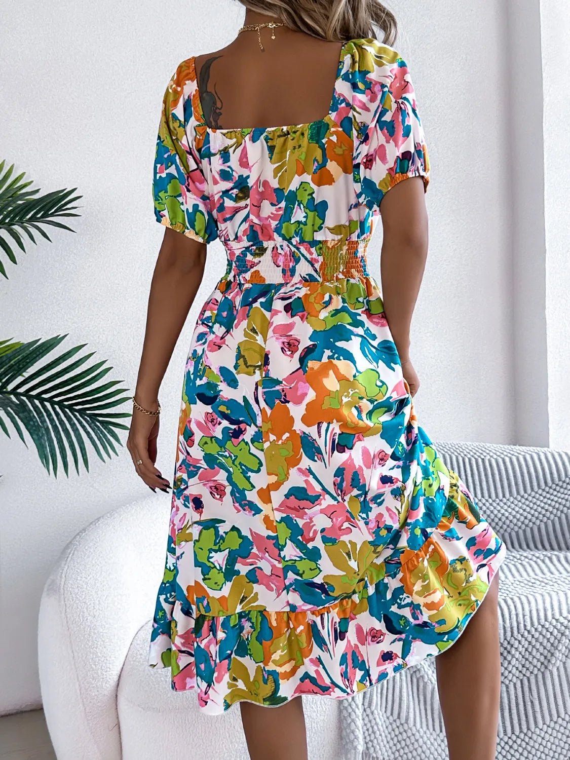 Ruffled Hem Smocked Floral Short Sleeve Midi Dress - adritiX